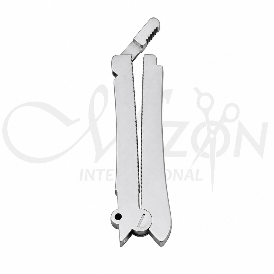 Stainless steel Intestinal Clamp with atraumatic serrated jaws and ergonomic handle for intestinal occlusion and gastrointestinal surgery by Mizon International.