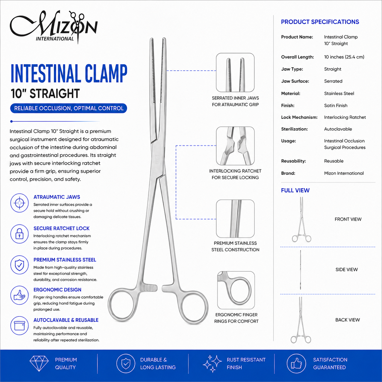 10 Inch Straight Intestinal Clamp Stainless Steel Surgical Instrument with Ratchet Lock by Mizon International