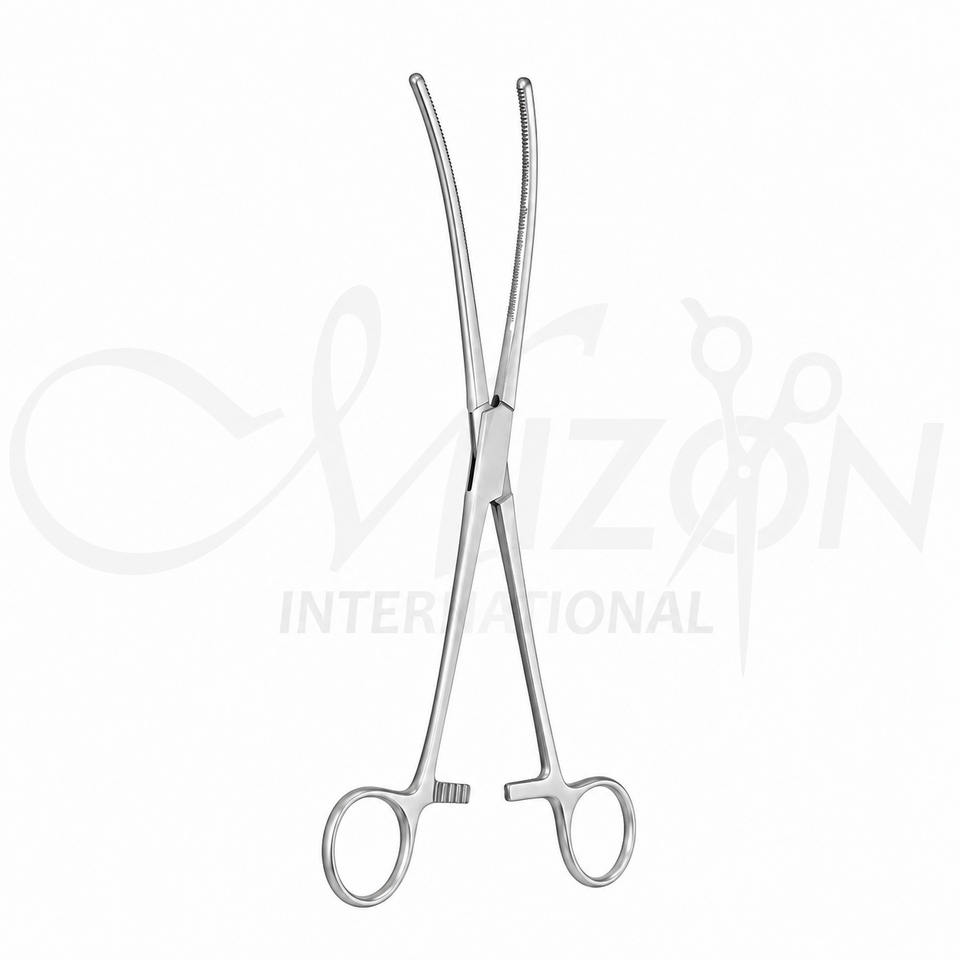 24 cm curved intestinal clamp with serrated jaws, ratchet lock, and stainless steel construction for intestinal occlusion and tissue handling by Mizon International.