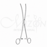 24 cm curved intestinal clamp with serrated jaws, ratchet lock, and stainless steel construction for intestinal occlusion and tissue handling by Mizon International.