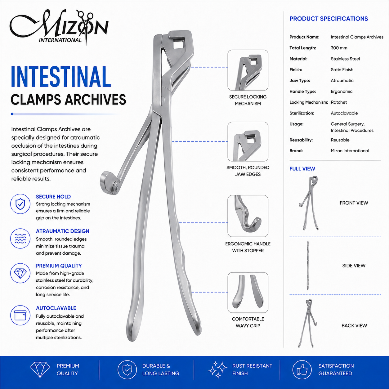 300 mm Atraumatic Intestinal Clamp Stainless Steel Surgical Instrument with Ratchet Lock by Mizon International