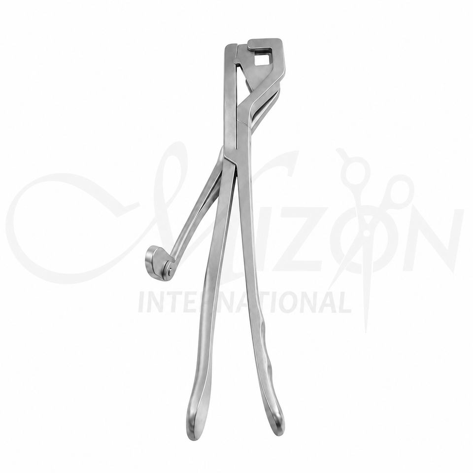 Stainless steel intestinal clamp with atraumatic jaws, ratchet locking mechanism, ergonomic handle, and satin finish by Mizon International.