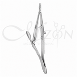 Mizon International Kalt Micro Needle Holder 13.5cm featuring serrated jaws with a long groove, cross-serrated opposing jaw, spring-action handles, and stainless steel construction.