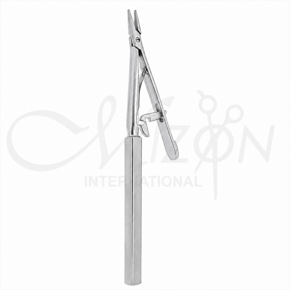 Mizon International Laparoscopic Needle Holder featuring precision needle-gripping design, stainless steel construction, straight and curved configurations, and professional laparoscopic surgical instrument quality.