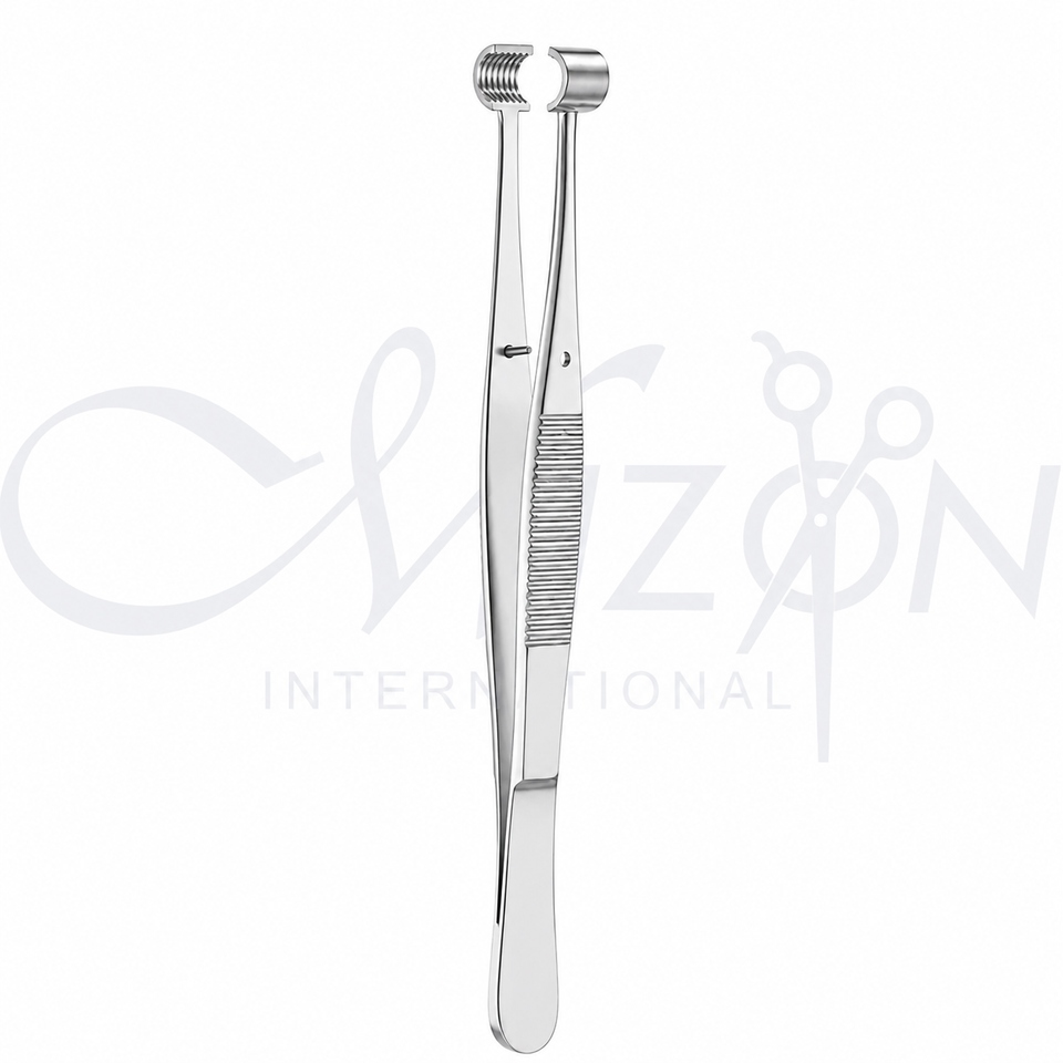 Mizon International Larsen Tendon Forceps featuring a crescent-shaped jaw, ribbed grip section, stainless steel construction, and precision design for orthopedic tendon procedures.