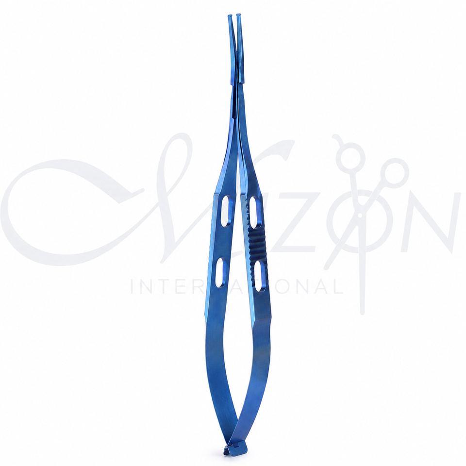 Mizon International Lens Holding Folding Forceps featuring fine precision lens-holding tips, surgical-grade stainless steel construction, ergonomic handling, and specialized ophthalmic design.