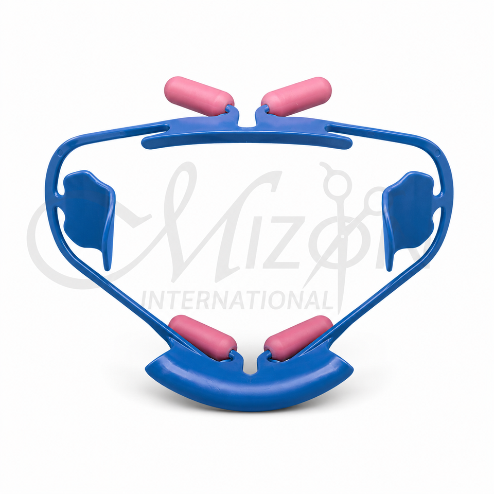 Mizon International Lip & Cheek Retractor featuring an anatomical design, cushioned lip supports, controlled cheek and lip retraction, improved buccal and gingival access, enhanced clinical visibility, and professional applications including intra-oral photography, digital impression scanning, and dental procedures.