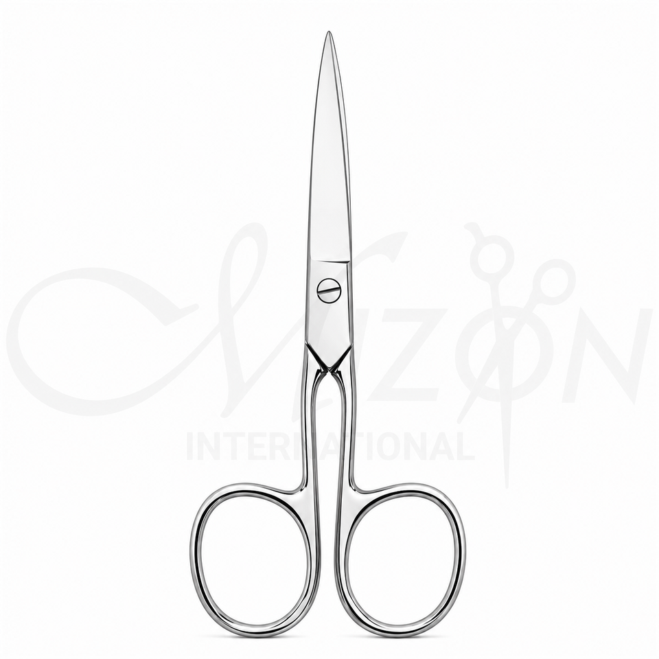 Mizon International Long Eye Scissors 19 cm featuring polished nickel-plated carbon steel, pointed tapered blades, curved profile, and adjustable long-eye construction.