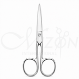 Mizon International Long Eye Scissors 19 cm featuring polished nickel-plated carbon steel, pointed tapered blades, curved profile, and adjustable long-eye construction.