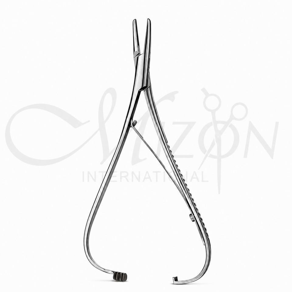 Mizon International Mathieu Needle Holder 14cm featuring tungsten carbide gripping surfaces, precision needle-holding jaws, Mathieu-style handle, and professional surgical construction.