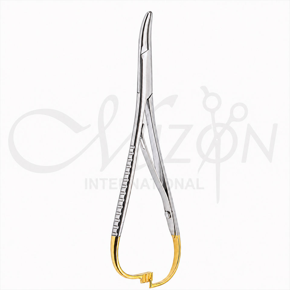 Mizon International Mathieu Needle Holder Curved 14cm TC featuring tungsten carbide working components, curved precision jaws, spring-style handle, and professional surgical instrument construction.