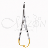 Mizon International Mathieu Needle Holder Curved 14cm TC featuring tungsten carbide working components, curved precision jaws, spring-style handle, and professional surgical instrument construction.