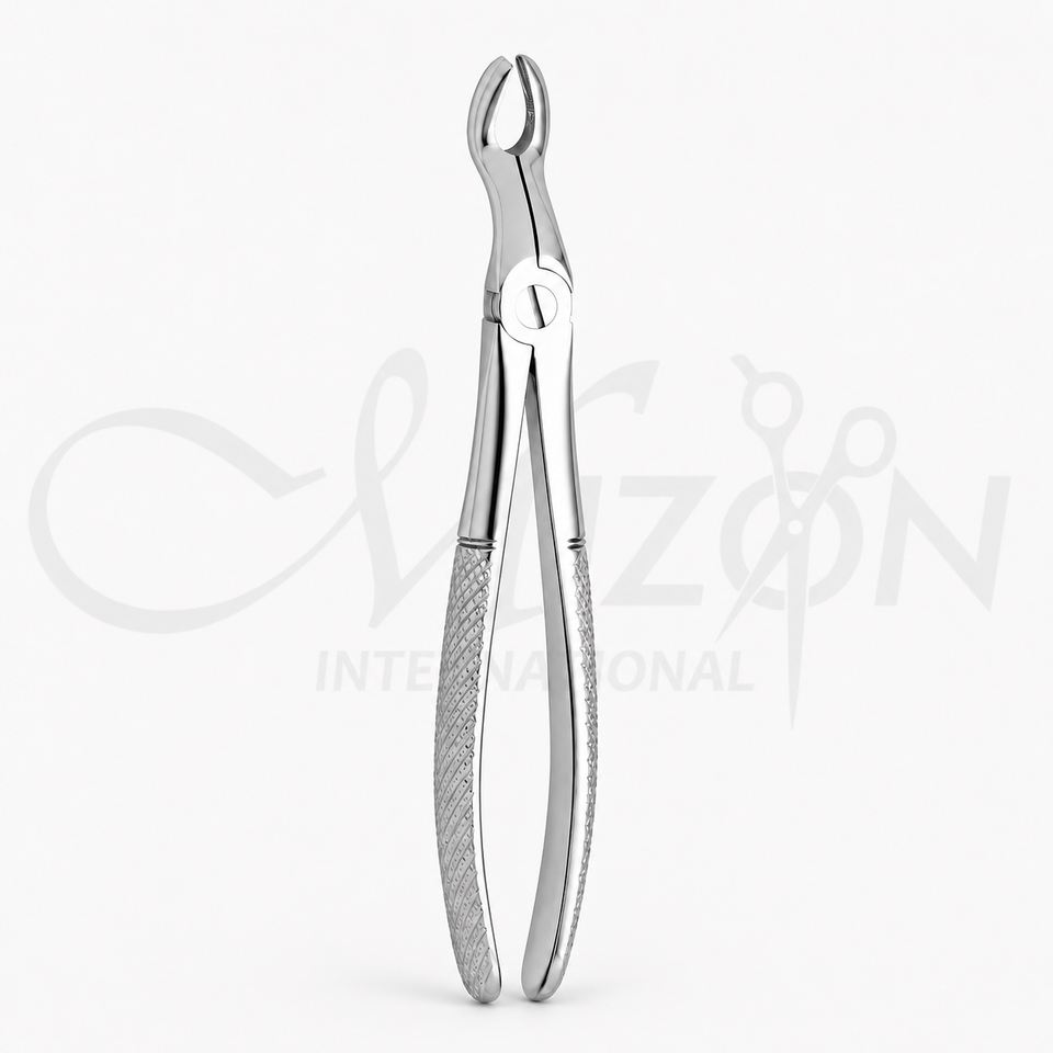 Mizon International maxillary bayonet forceps with serrated beaks and textured stainless steel handles for