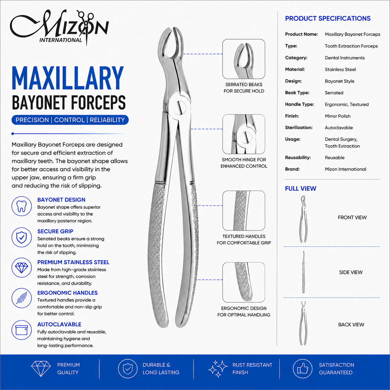 Maxillary Bayonet Tooth Extraction Forceps Stainless Steel Dental Instrument by Mizon International for Upper Tooth Extraction