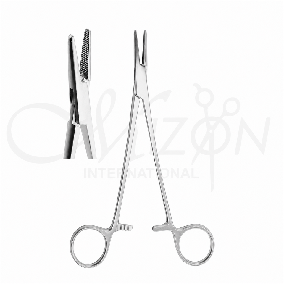 Mizon International Mayo-Hegar Needle Holder 16cm Curved featuring precision needle-gripping jaws, curved design, ergonomic finger-ring handles, and professional surgical instrument construction.