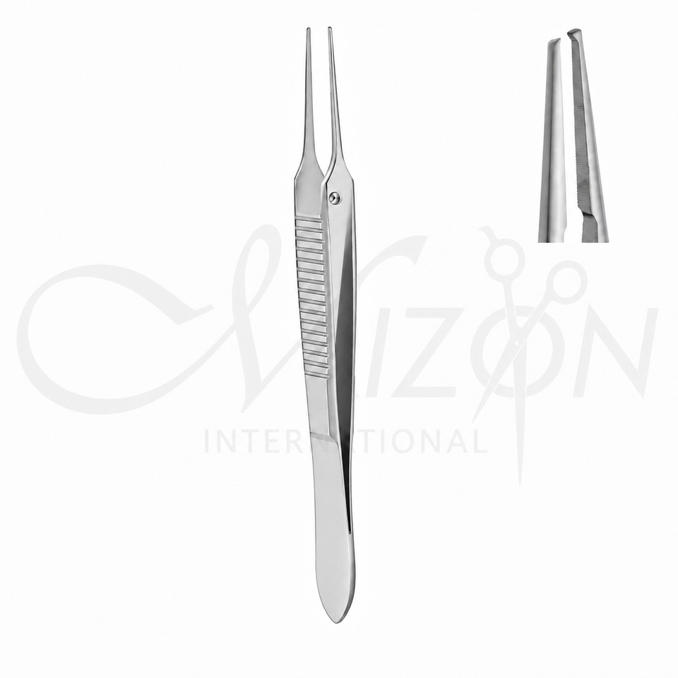 Mizon International McPherson Micro Corneal Forceps featuring fine corneal tips, surgical-grade stainless steel construction, compact microsurgical design, and ergonomic handling for delicate ophthalmic procedures.