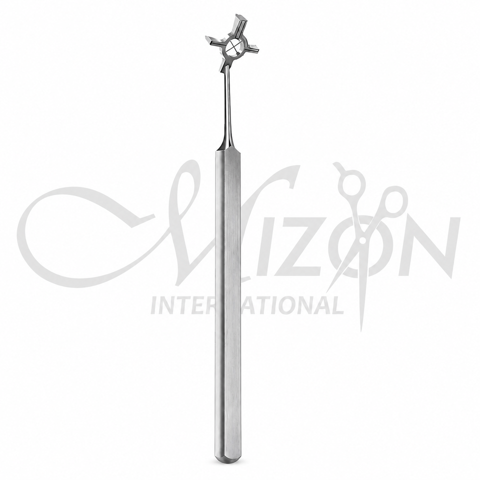 Mizon International Mendez LASIK corneal marker with four-prong head, central alignment ring and hexagonal stainless steel handle
