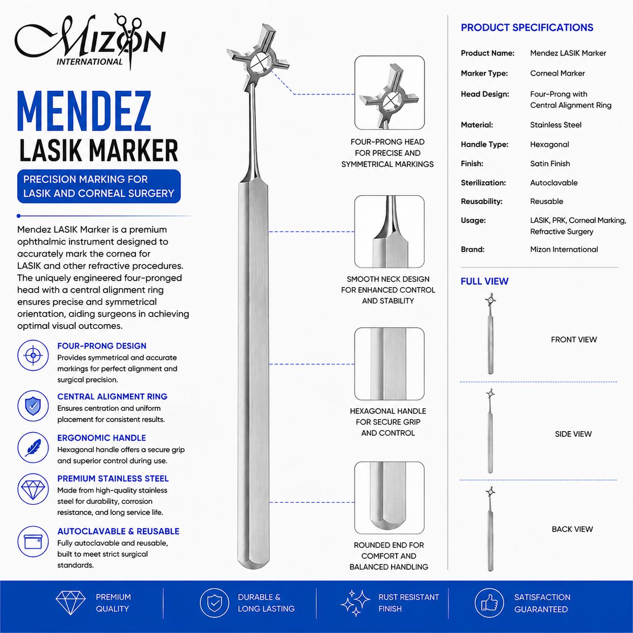 Premium Mendez LASIK Marker Stainless Steel Ophthalmic Instrument with Four-Prong Head for Precise Corneal Alignment