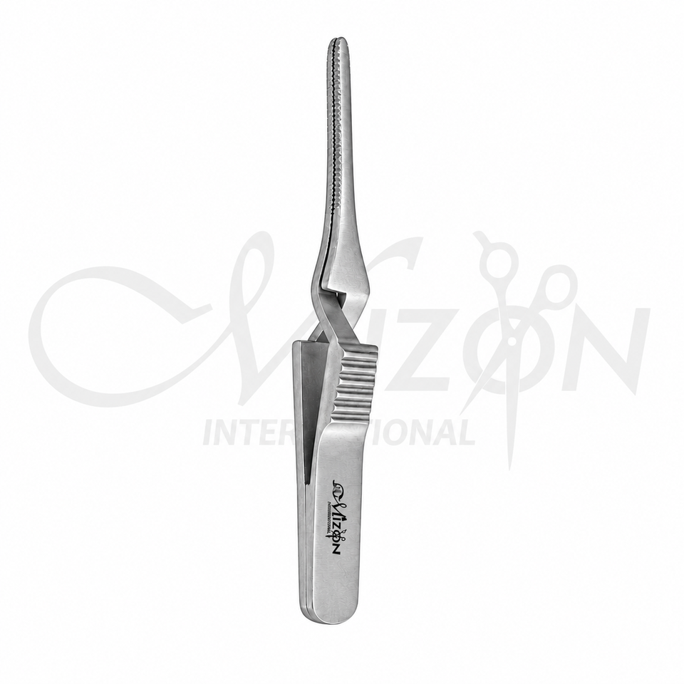 Micro Bulldog Straight Serrated Jaw Surgical Clamp 5 cm made from stainless steel with atraumatic micro serrated jaws for vascular and intestinal surgery by Mizon International.