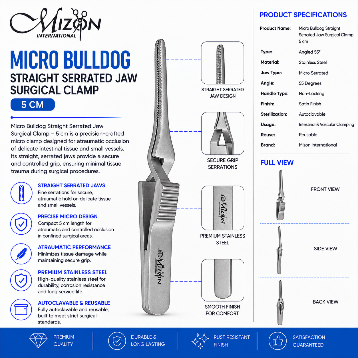 Micro Bulldog Straight Serrated Jaw Surgical Clamp 5 cm Stainless Steel Vascular Instrument by Mizon International