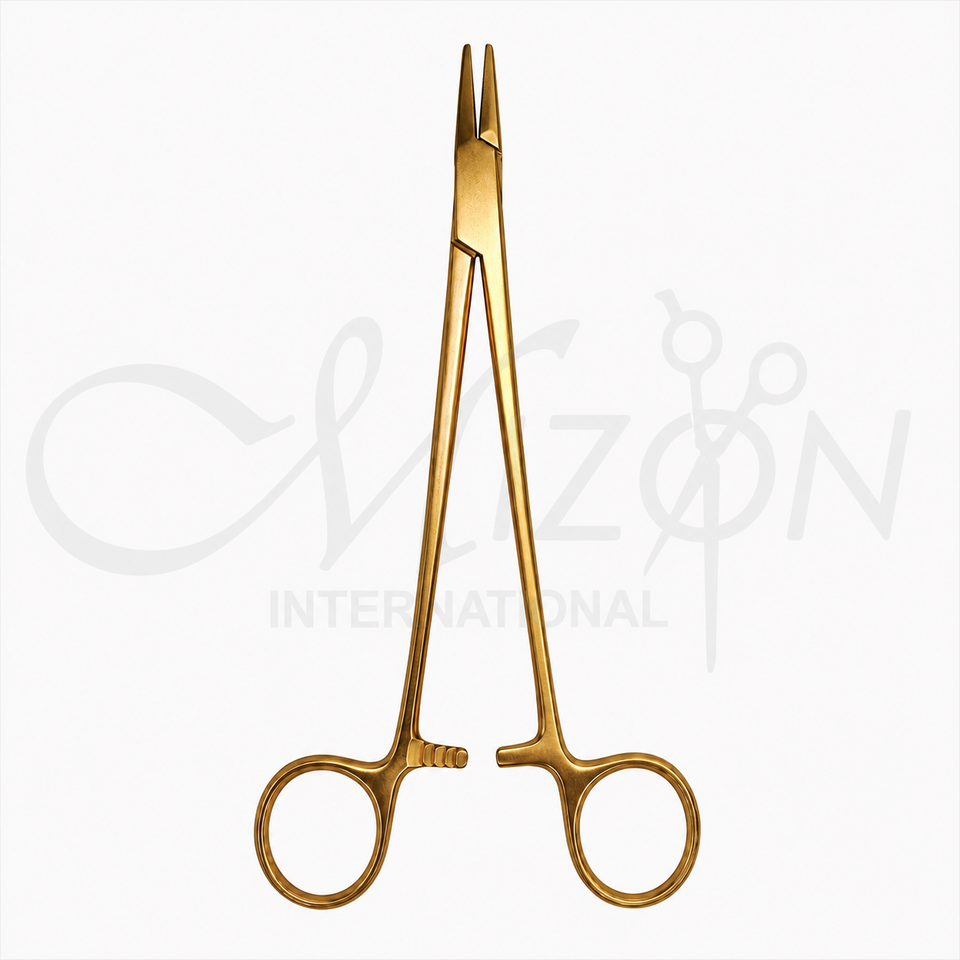 Mizon International Needle Holder featuring precision textured jaws, ergonomic handle design, surgical-grade construction, and professional needle-holding functionality for suturing procedures.