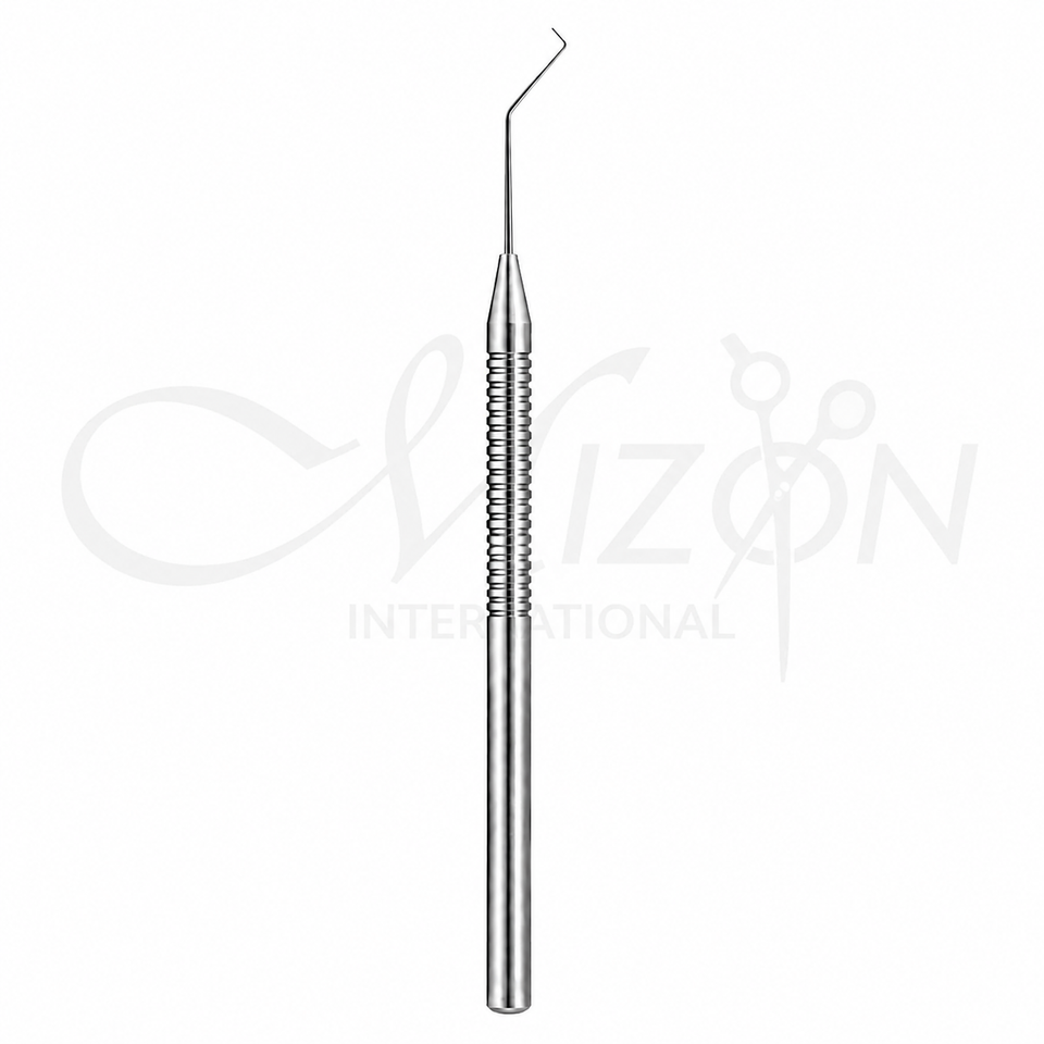 Mizon International Barrett Micro Mushroom Manipulator Angled 45 Degree 120mm with 11mm shaft, 0.4mm round tip and titanium construction
