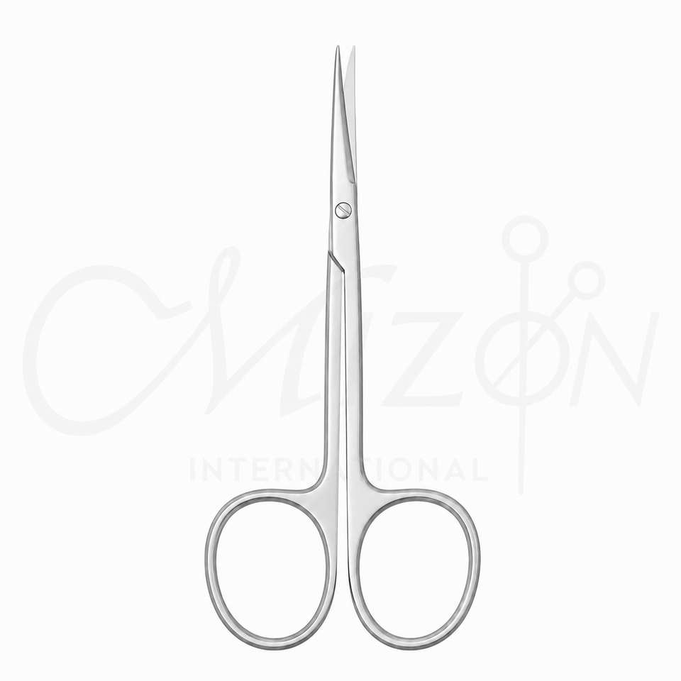 Mizon International Curved Ophthalmic Scissors 10 cm featuring precision curved blades, stainless steel construction, ergonomic ring handles, and compact design for delicate ophthalmic procedures.