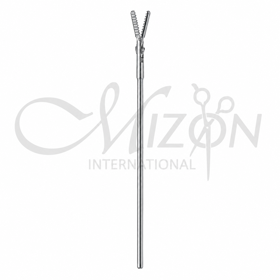 Mizon International Grasping Forceps 3 Fr. featuring serrated double-action jaws, 380 mm working length, semiflexible shaft, straight configuration, and pistol-grip handle