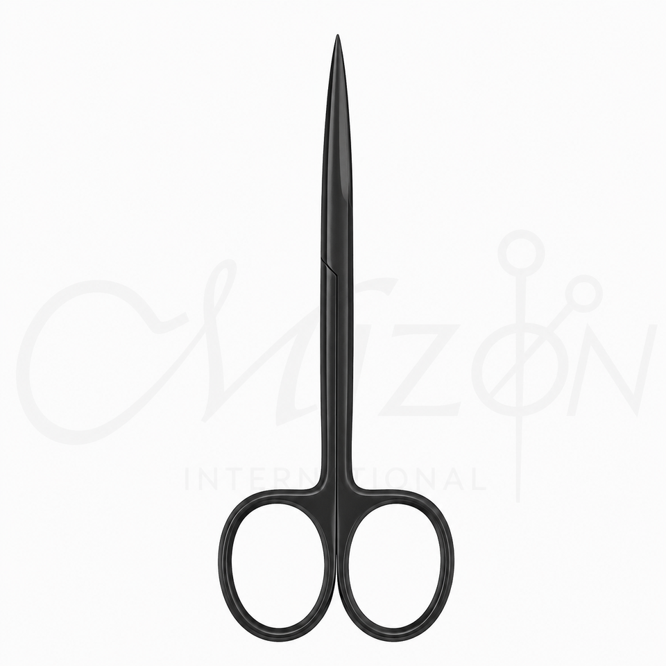 Mizon International Iris Scissors Ophthalmic Surgical Instrument featuring fine precision blades, stainless steel construction, ergonomic finger rings, and professional design for delicate surgical procedures.