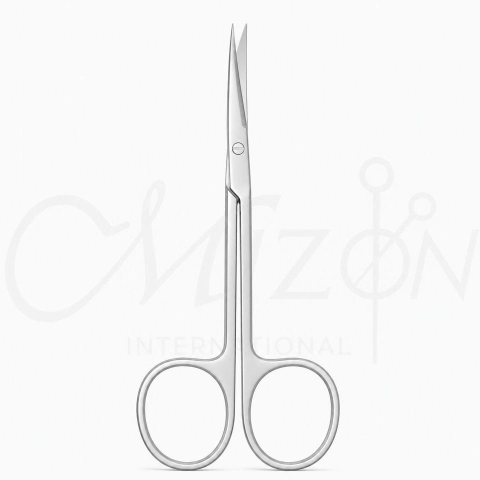 Mizon International Ophthalmic Scissors Stainless Steel featuring fine precision blades, durable stainless steel construction, ergonomic finger-ring handles, and professional ophthalmic design.