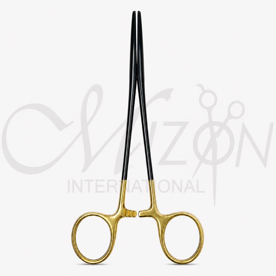Mizon International Needle Holder Forceps TC Carbide featuring tungsten carbide gripping surfaces, precision jaws, professional reusable construction, and 12.5cm, 14cm, and 16cm size options.