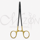 Mizon International Needle Holder Forceps TC Carbide featuring tungsten carbide gripping surfaces, precision jaws, professional reusable construction, and 12.5cm, 14cm, and 16cm size options.