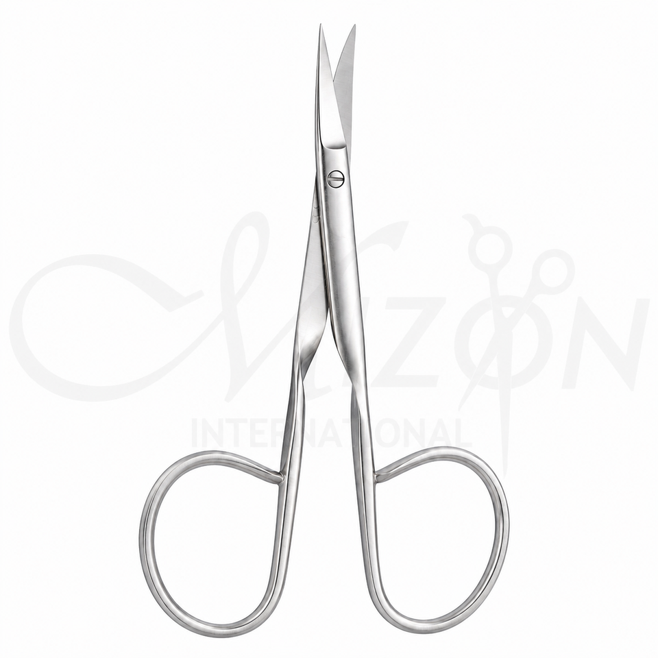 Mizon International Ophthalmic Scissors Stainless Steel featuring fine precision cutting blades, surgical-grade stainless steel construction, ergonomic handling, and professional ophthalmic design.