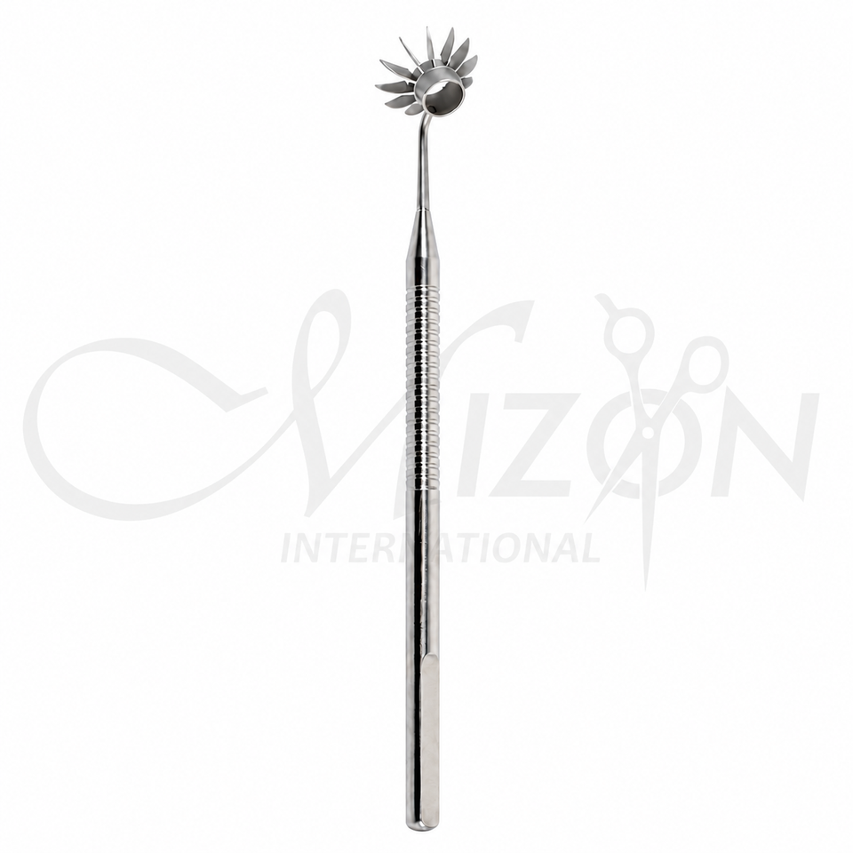 Mizon International Osher-Neumann corneal marker with 12-blade radial marking wheel and knurled stainless steel handle