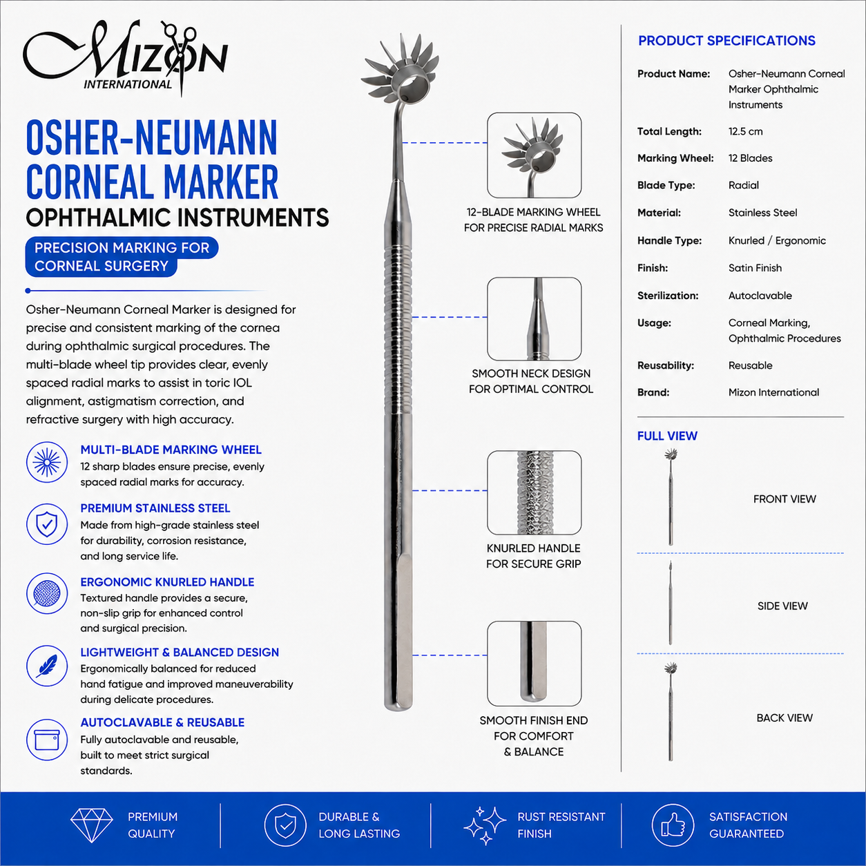 Premium Osher-Neumann Corneal Marker Stainless Steel Ophthalmic Instrument with 12-Blade Radial Marking Wheel