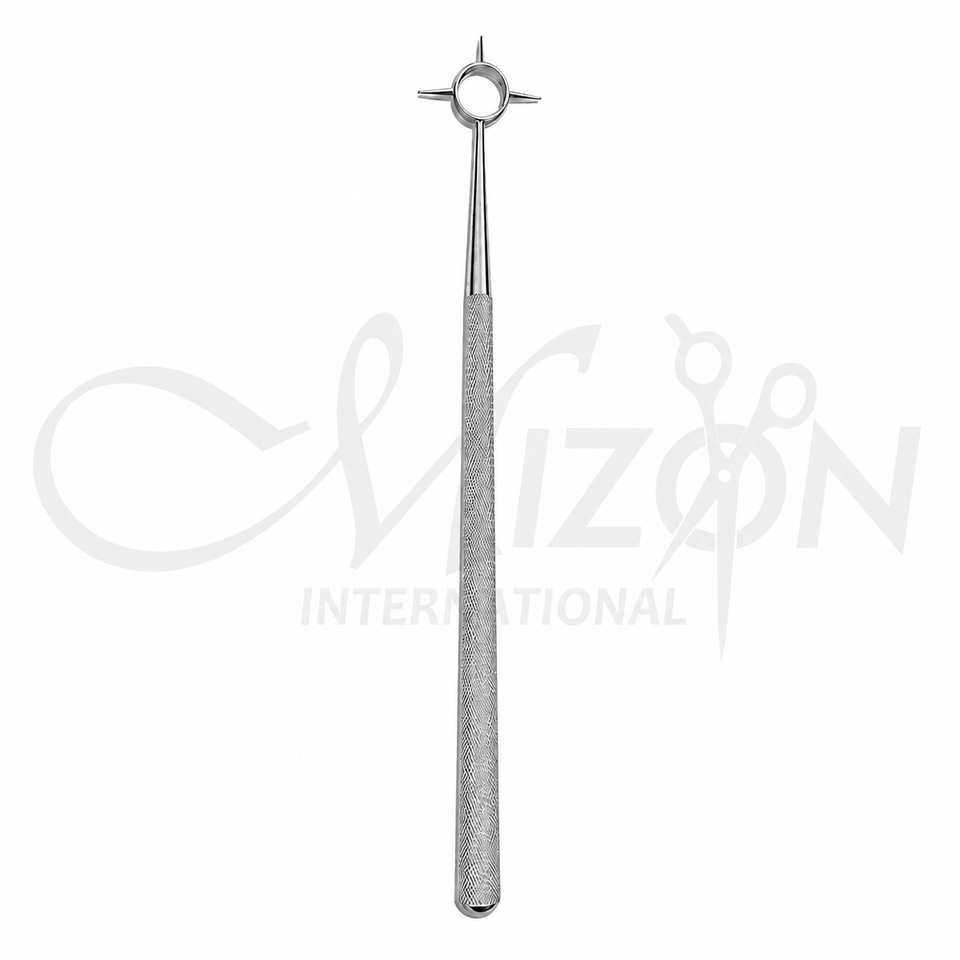 Mizon International Osher-Neumann corneal marker with four-point circular ring head and knurled stainless steel handle