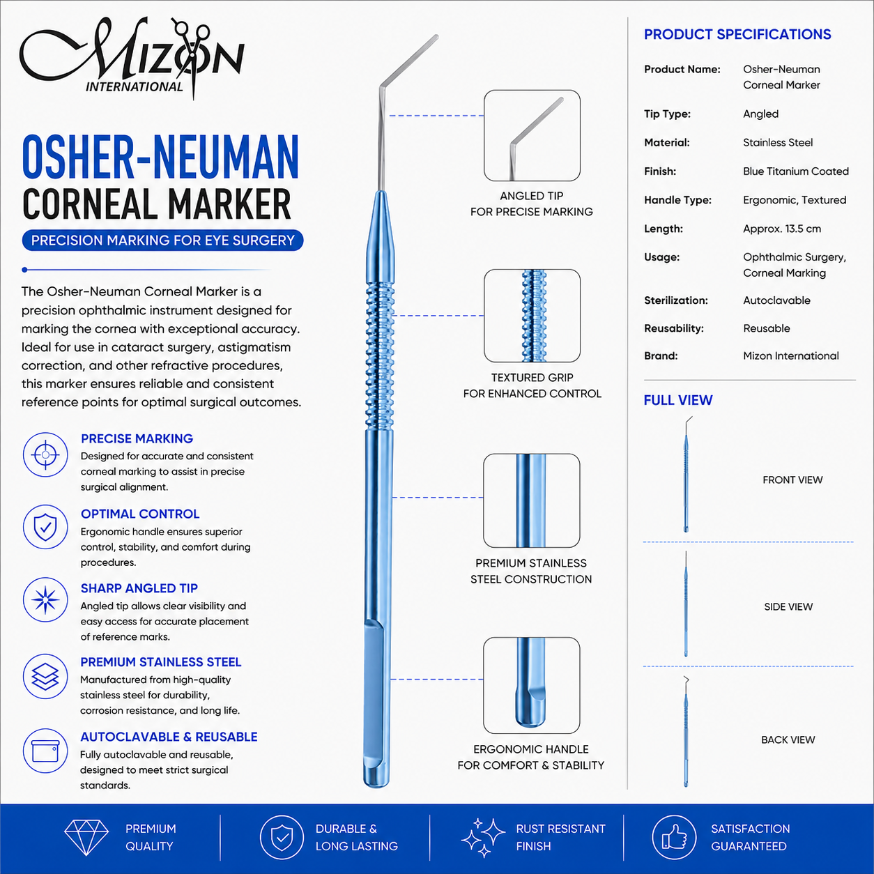 Premium Osher-Neumann Corneal Marker with Angled Tip, Blue Titanium Coated Stainless Steel Ophthalmic Instrument for Precision Eye Surgery
