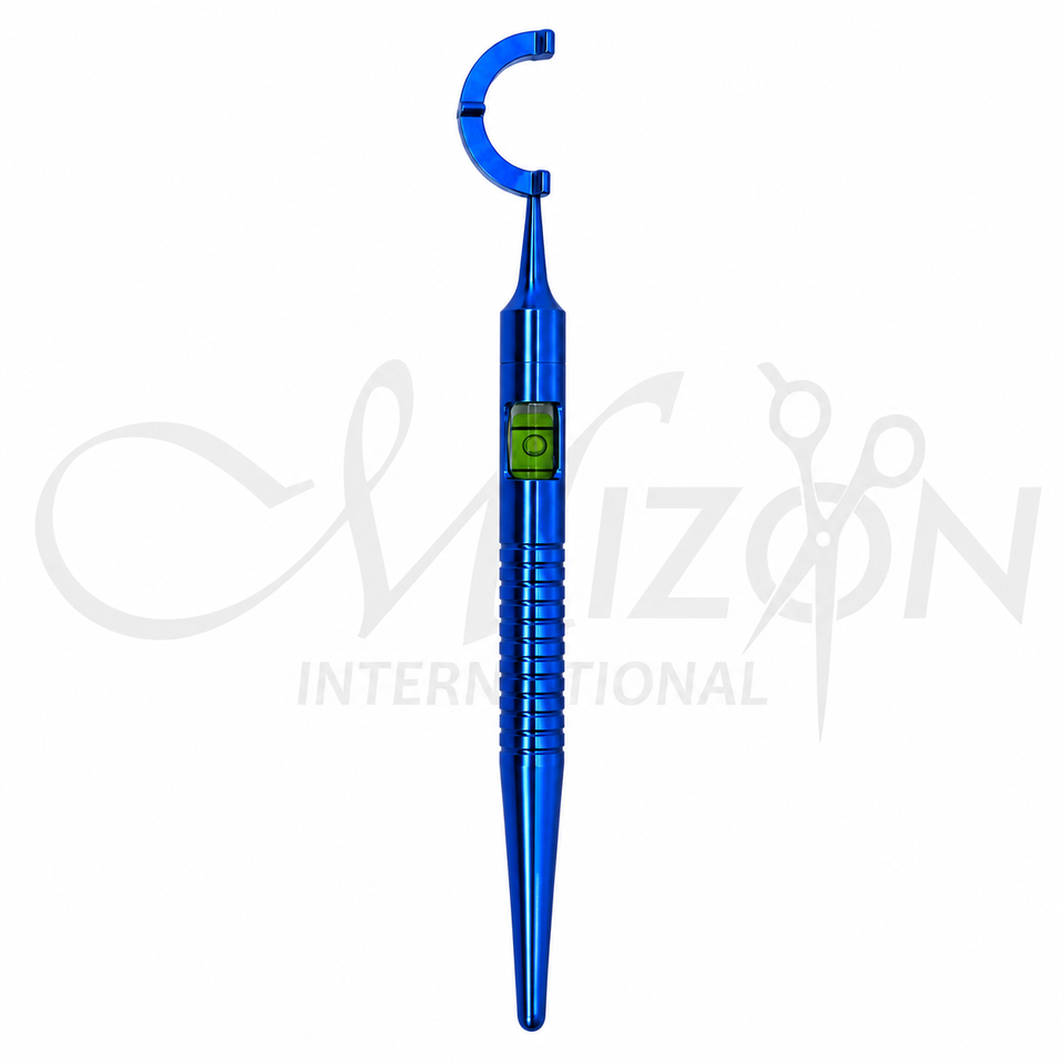 Mizon International blue Osher Neuman six-line radial corneal marker with C-shaped head, built-in level indicator and grooved handle