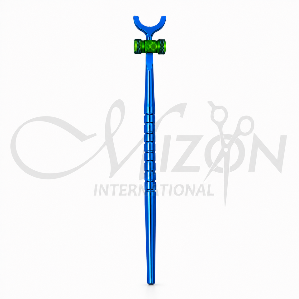 Mizon International blue Osher Neuman radial corneal marker with U-shaped yoke, adjustable-angle mechanism and textured handle