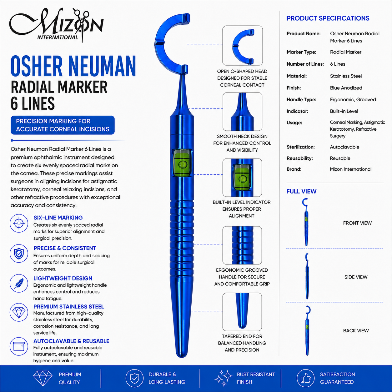 Premium Osher Neuman Radial Marker 6 Lines with Built-In Level Indicator for Precise Corneal Marking and Ophthalmic Surgery