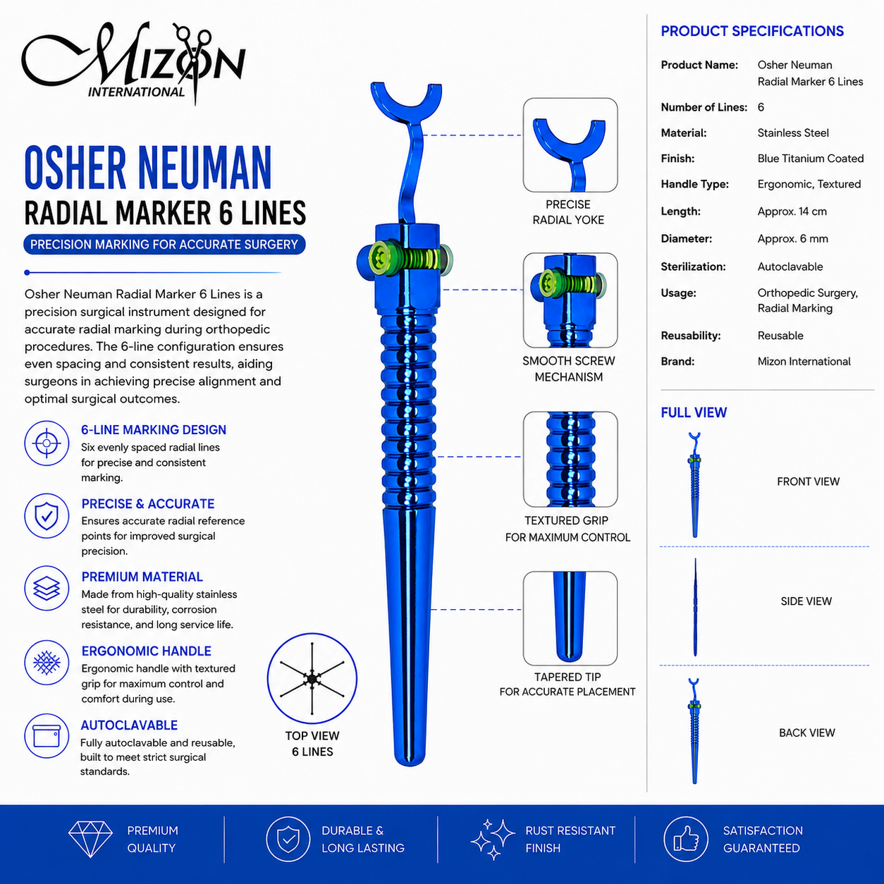 Premium Osher Neuman Radial Marker 6 Lines Titanium Blue Ophthalmic Instrument for Precise Corneal Marking and Eye Surgery