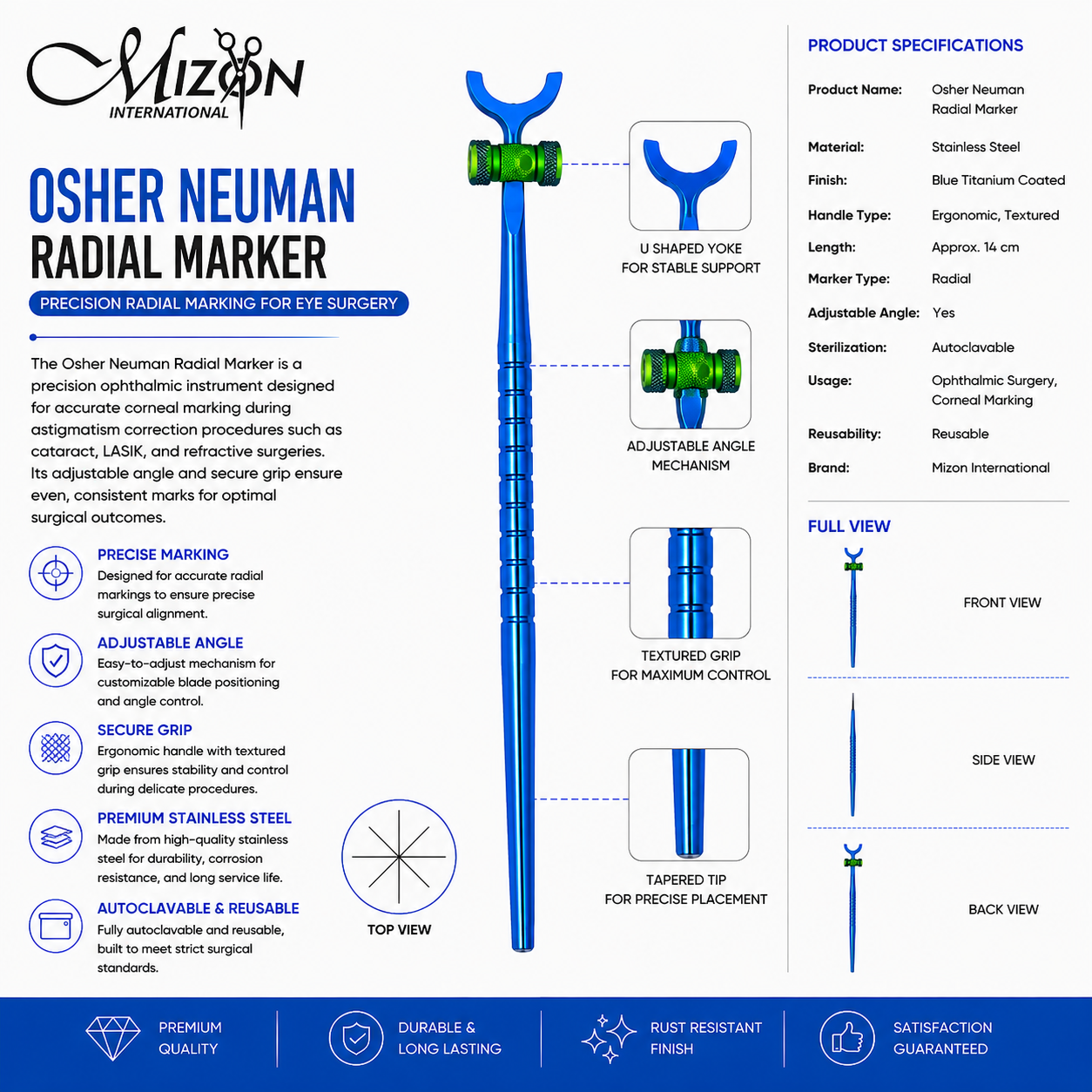 Premium Osher Neuman Adjustable Radial Marker Titanium Blue Ophthalmic Instrument for Precise Corneal Marking