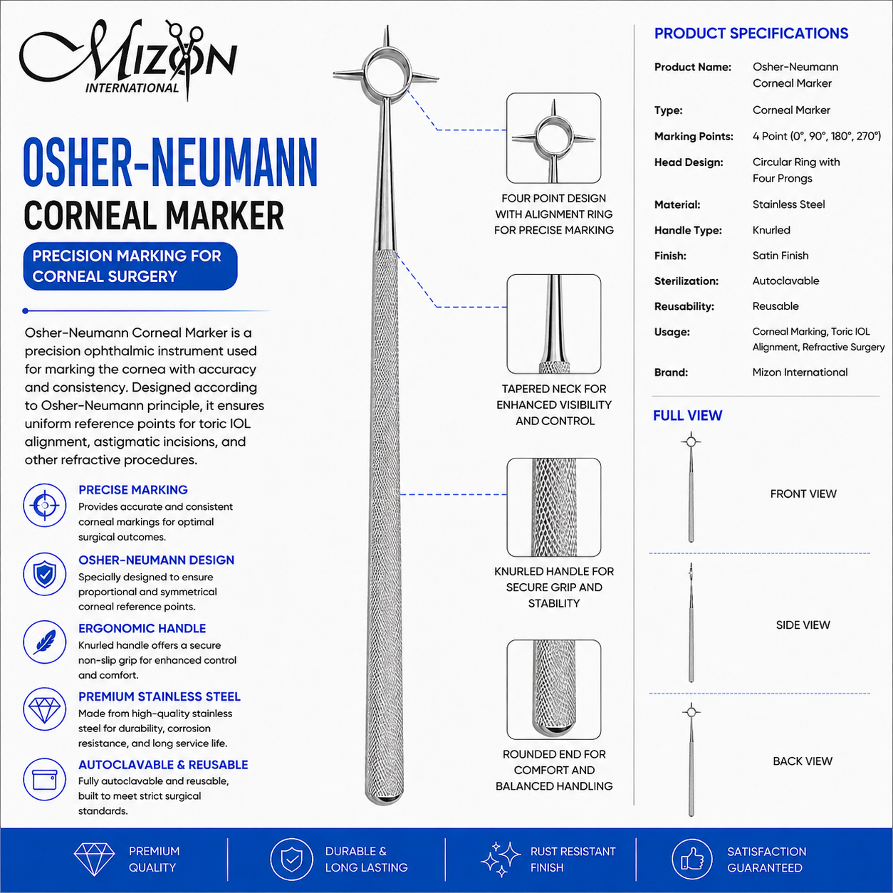 Premium Osher-Neumann Corneal Marker Stainless Steel Ophthalmic Instrument with 4-Point Alignment Ring for Precise Corneal Marking