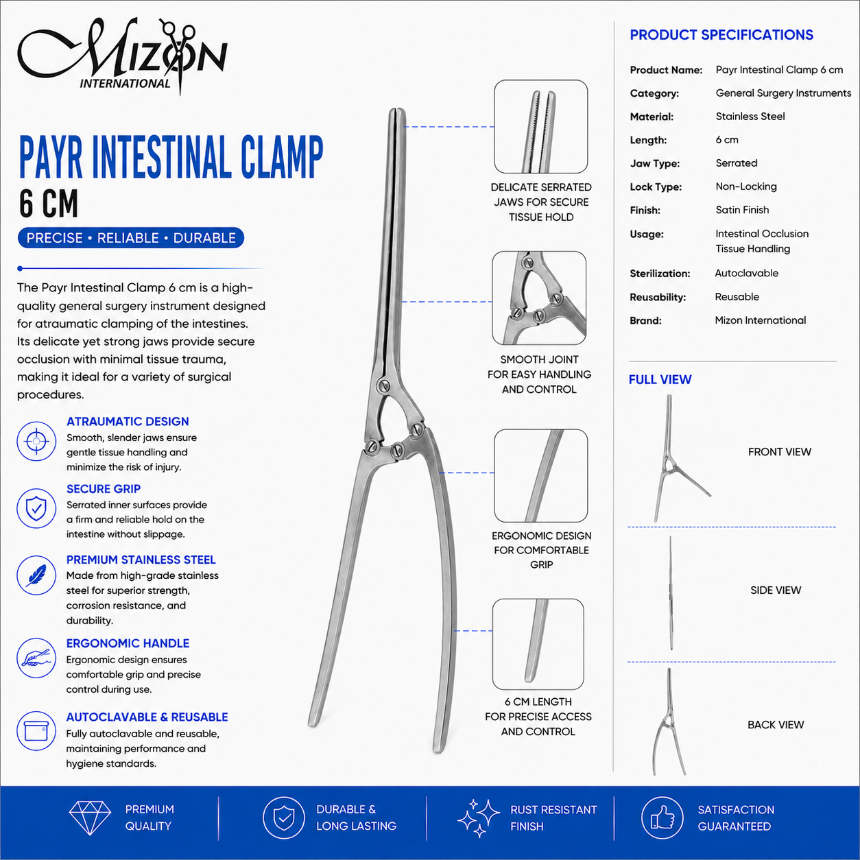 Payr Intestinal Clamp 6 cm Stainless Steel Surgical Instrument for General Surgery by Mizon International