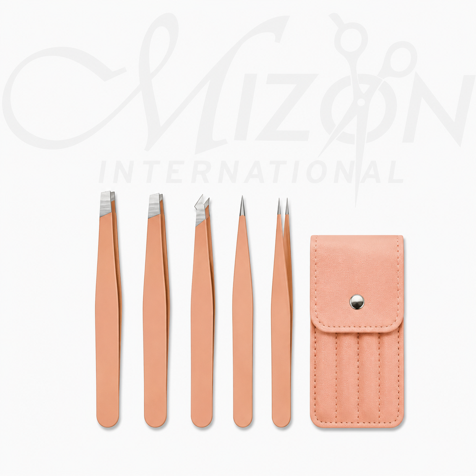 Peach Professional Eyebrow Tweezers Set 4 Piece Stainless Steel Precision Grooming Kit with Case by Mizon International