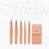 Peach Professional Eyebrow Tweezers Set 4 Piece Stainless Steel Precision Grooming Kit with Case by Mizon International