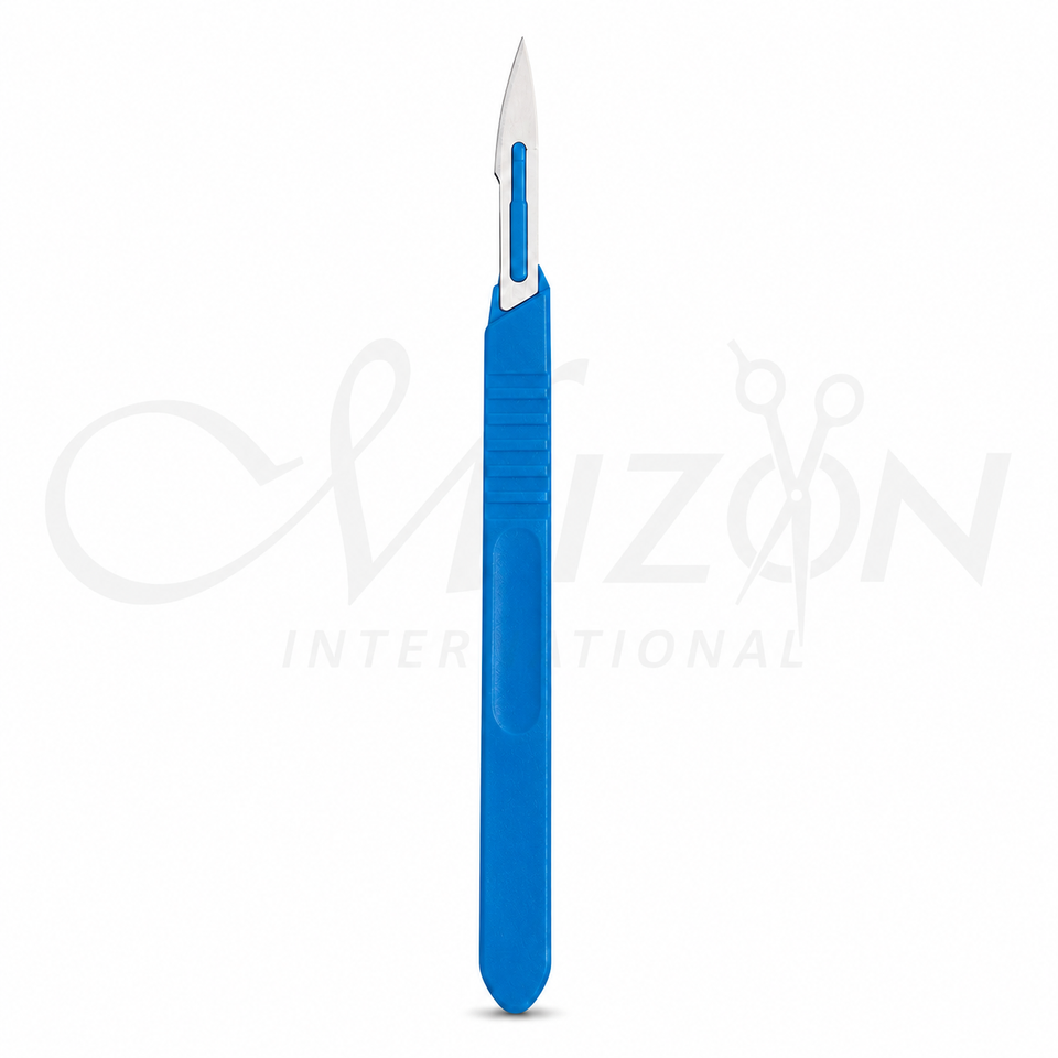 Mizon International sterile disposable scalpel with stainless steel blade and blue textured plastic handle