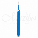 Mizon International sterile disposable scalpel with stainless steel blade and blue textured plastic handle