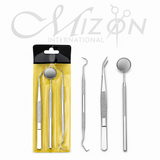 Mizon International Professional Dental Hygiene Kit featuring stainless steel dental scaler, plaque and tartar scraper, tooth pick, mouth mirror, and dental plier instruments for professional dental hygiene and oral examination.