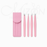 Pink Professional Eyebrow Tweezers Set 4 Piece Stainless Steel Precision Grooming Kit with Case by Mizon International